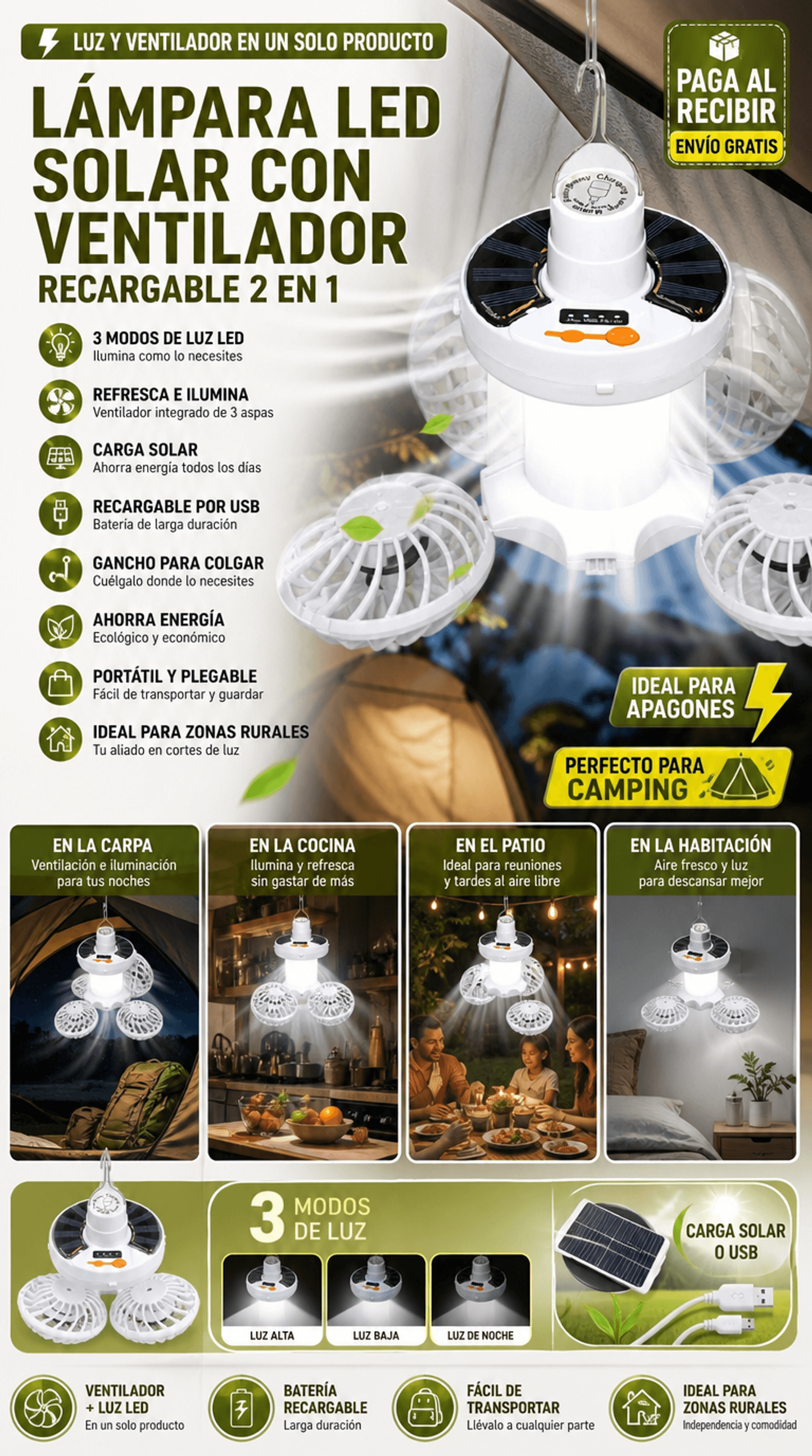 Lámpara LED Solar con Ventilador Plegable 2 en 1