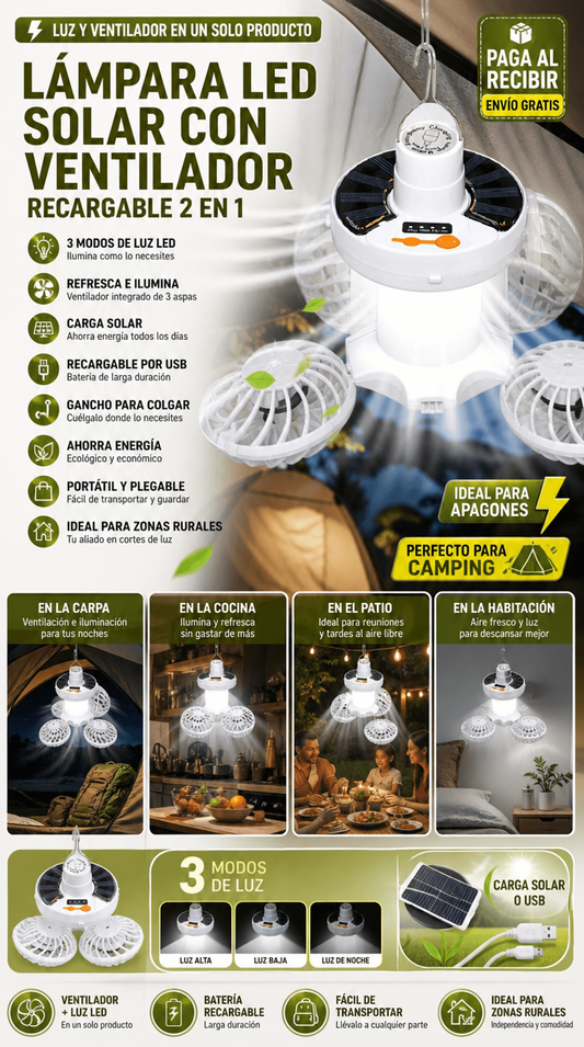 Lámpara LED Solar con Ventilador Plegable 2 en 1